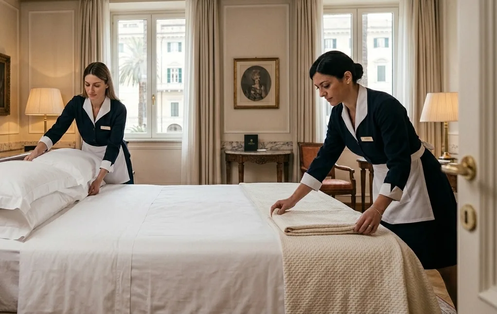 Addette ai piani che preparano una camera d’albergo