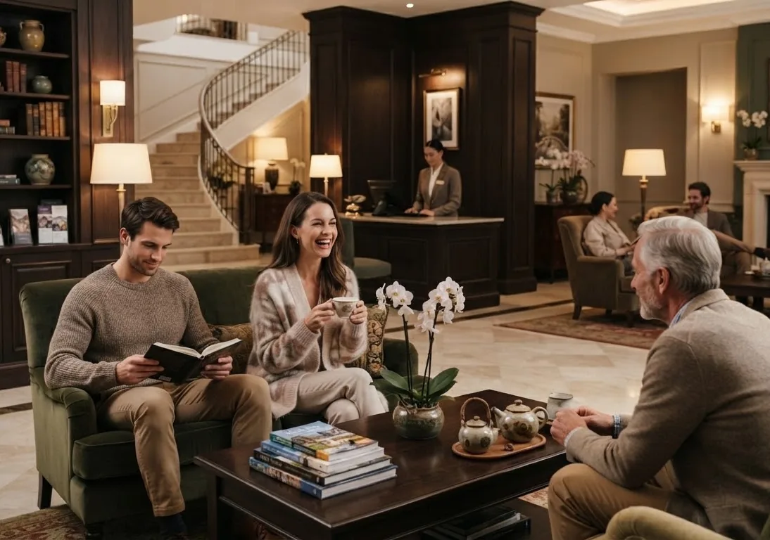 Ospiti che conversano nell’area lounge di un hotel