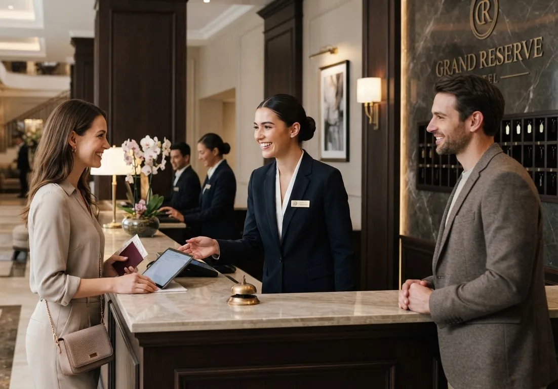 Accoglienza degli ospiti con documenti e tablet al check-in