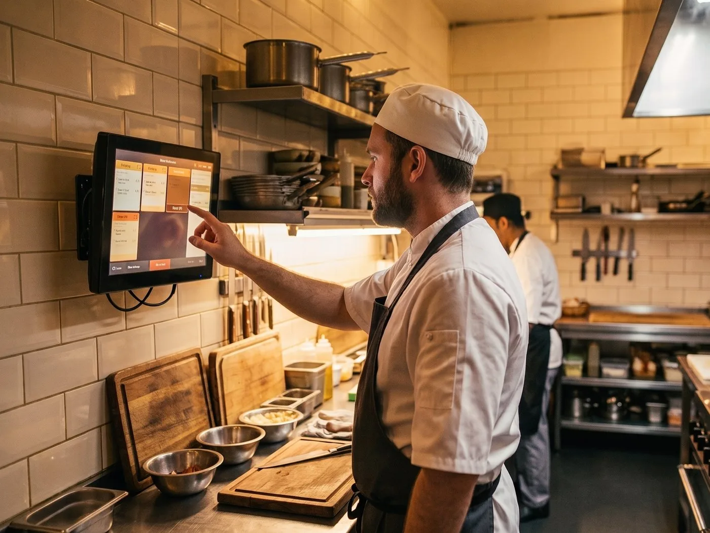 Cuoco che consulta un monitor touch a parete in una cucina professionale