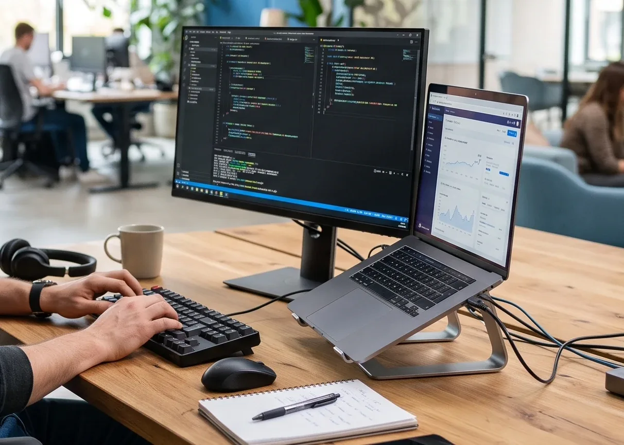 Postazione con monitor e portatile per la configurazione dei sistemi