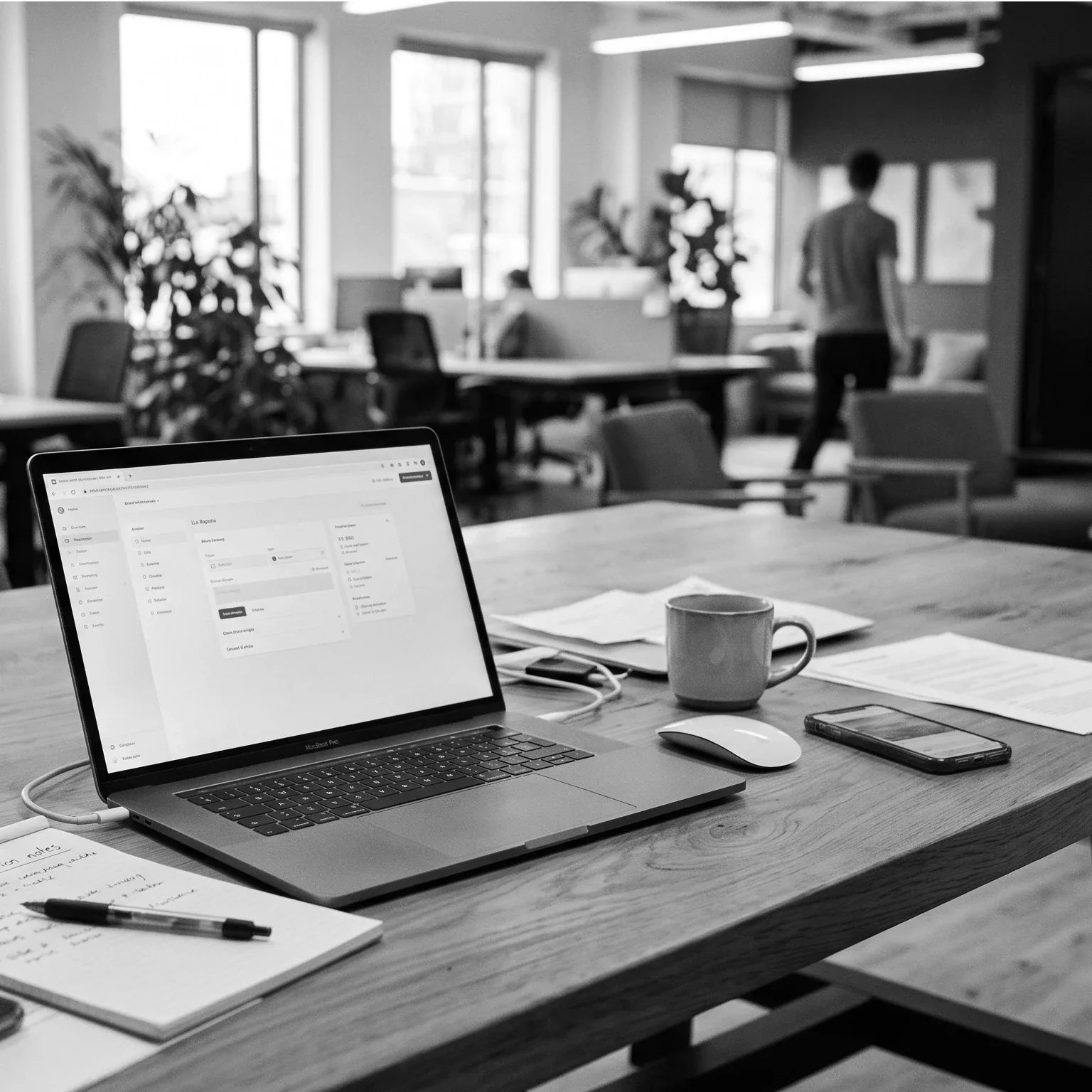 Postazione di lavoro con computer in un ufficio, in bianco e nero