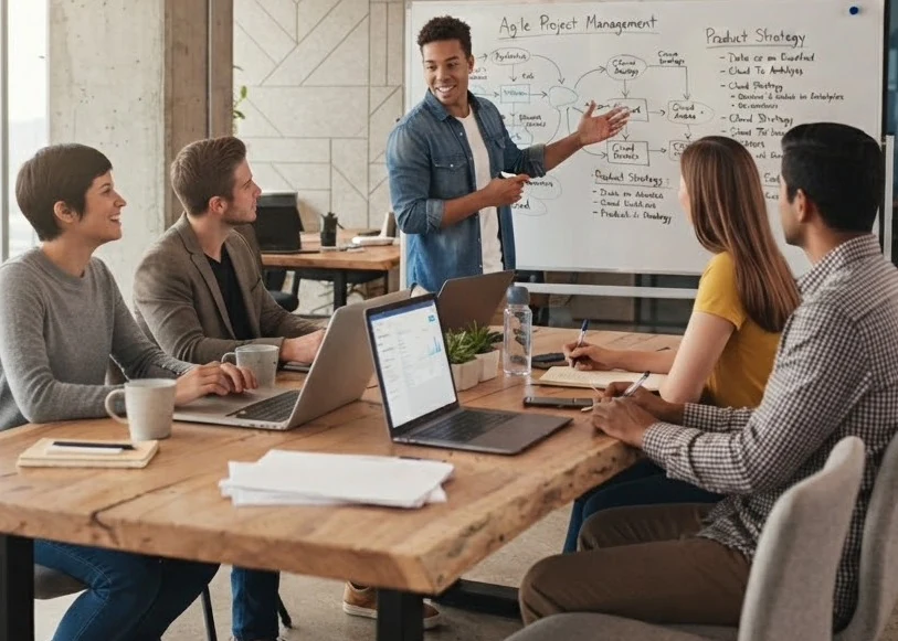 Formazione del team con docente e lavagna in sala riunioni