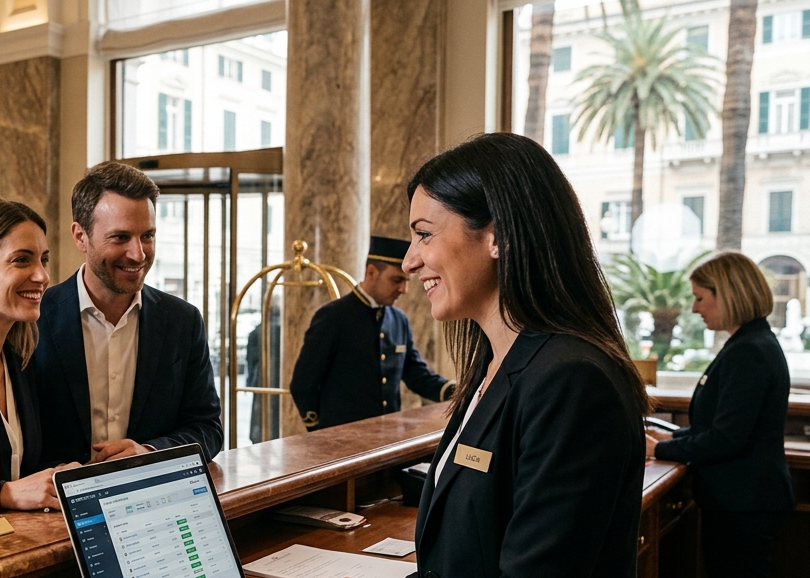 Receptionist al gestionale durante l’accoglienza degli ospiti