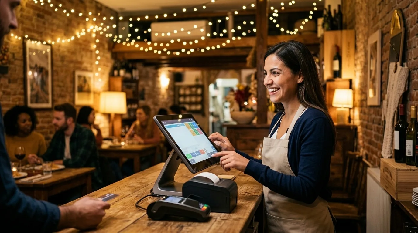 Operatrice che utilizza una cassa touch nel locale