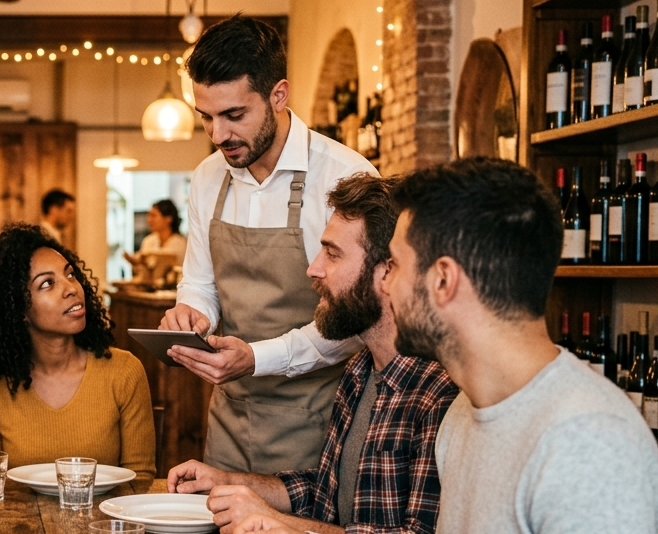 Cameriere che prende la comanda al tavolo con un dispositivo digitale